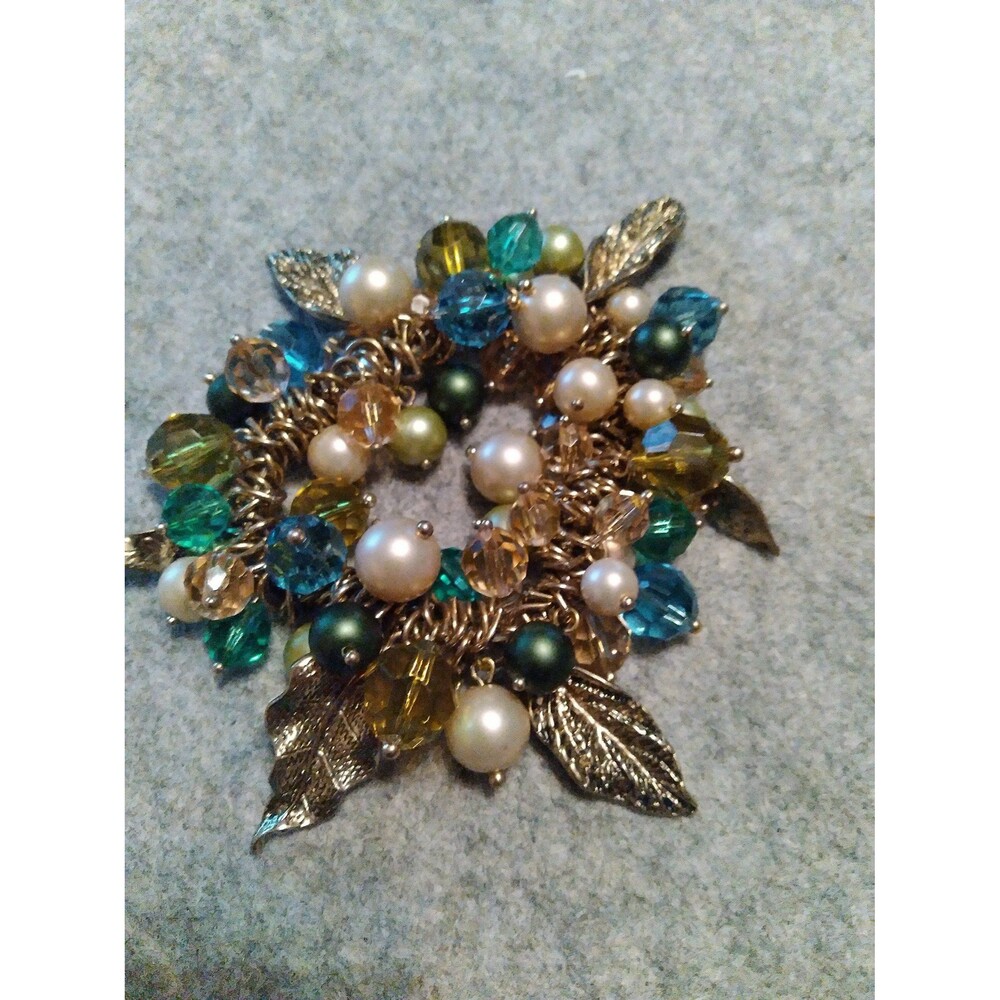 Beaded Brooch Pin Faux Pearl Gold Leaf Green Blue Statement Jewelry
